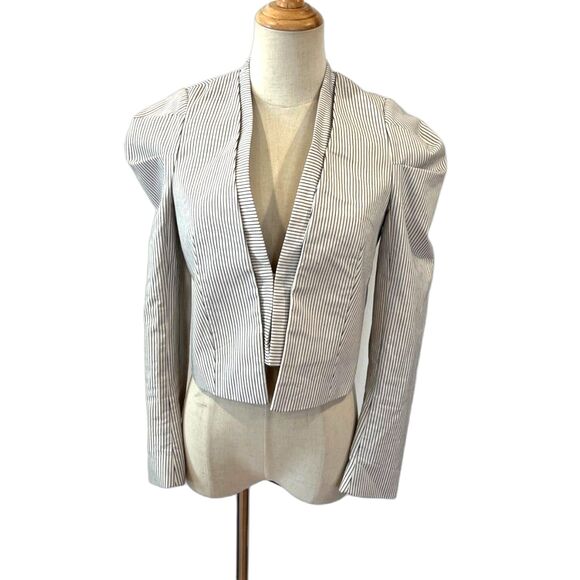 Zara Basic Collection Sm White Pin Striped Cropped Jacket Fitted Puff Shoulder - Picture 2 of 10